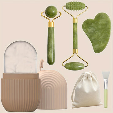 Set de 5 Piezas: Rodillo de Hielo y Gua Sha de Jade Artificial