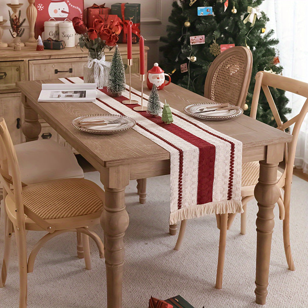 Camino de Mesa Rústico de Algodón-Lino con Borlas, Rojo Oscuro