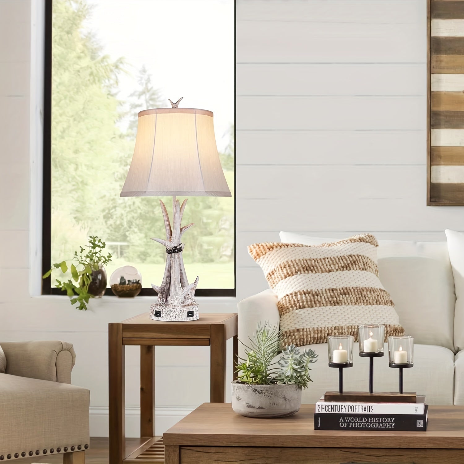 Lámparas de Mesa con Puertos USB, Estilo Rústico (Blanco)