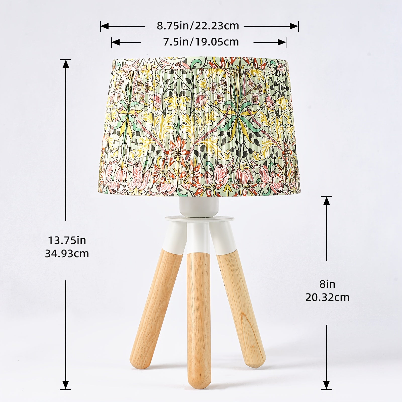 Lámpara de Mesa Trípode de Madera con Pantalla Floral Verde, 14 Pulgadas