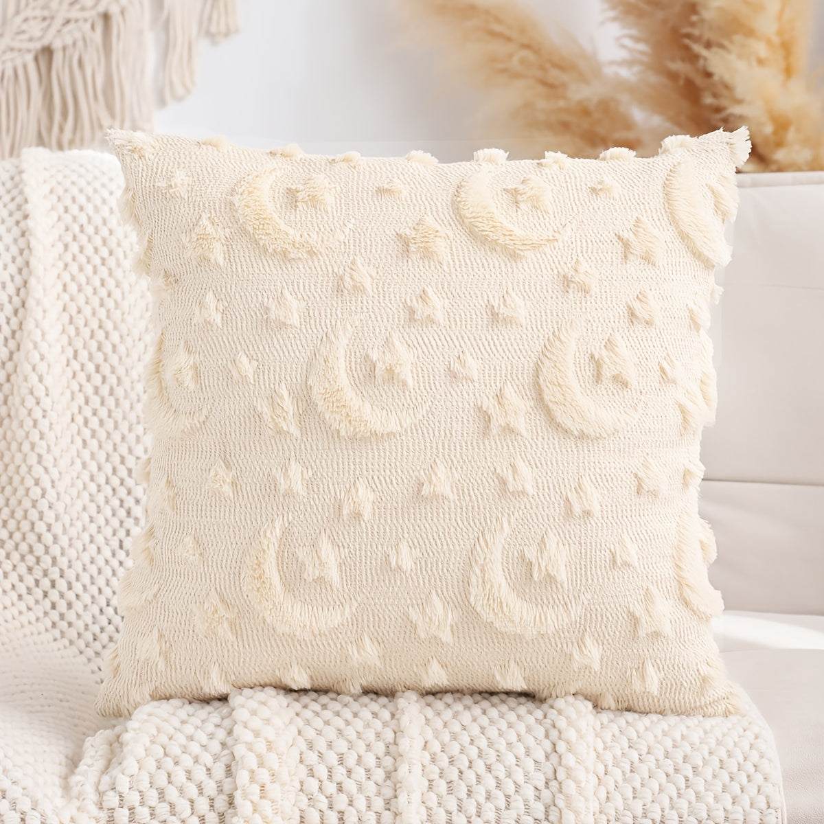 Funda Decorativa de Cojín con Bordado de Luna y Estrella