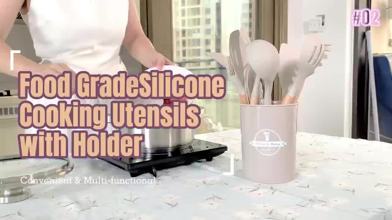 Set de Utensilios de Cocina de Silicona con Mango de Madera