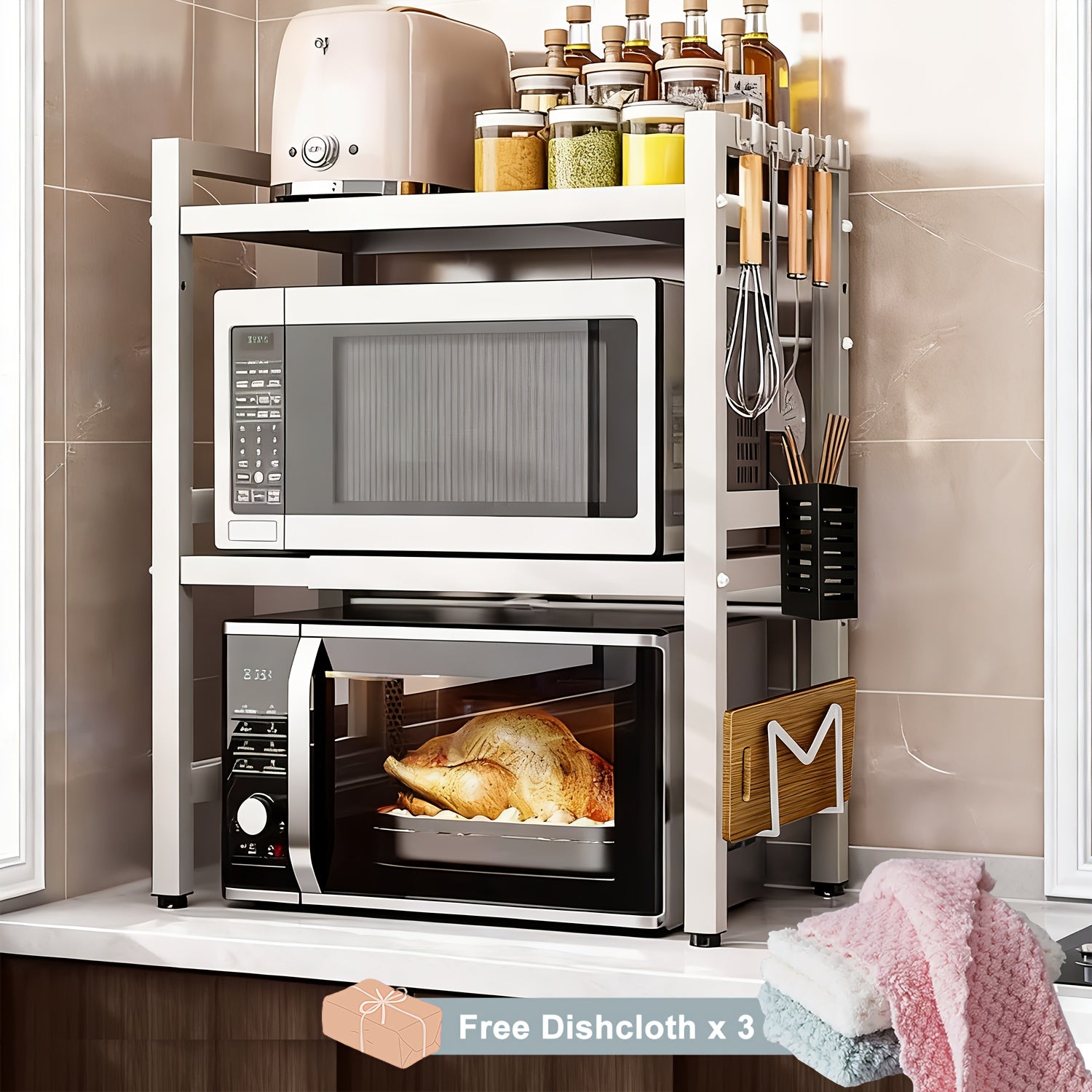 Estantería Extensible de Microondas con Ganchos y Toalleros