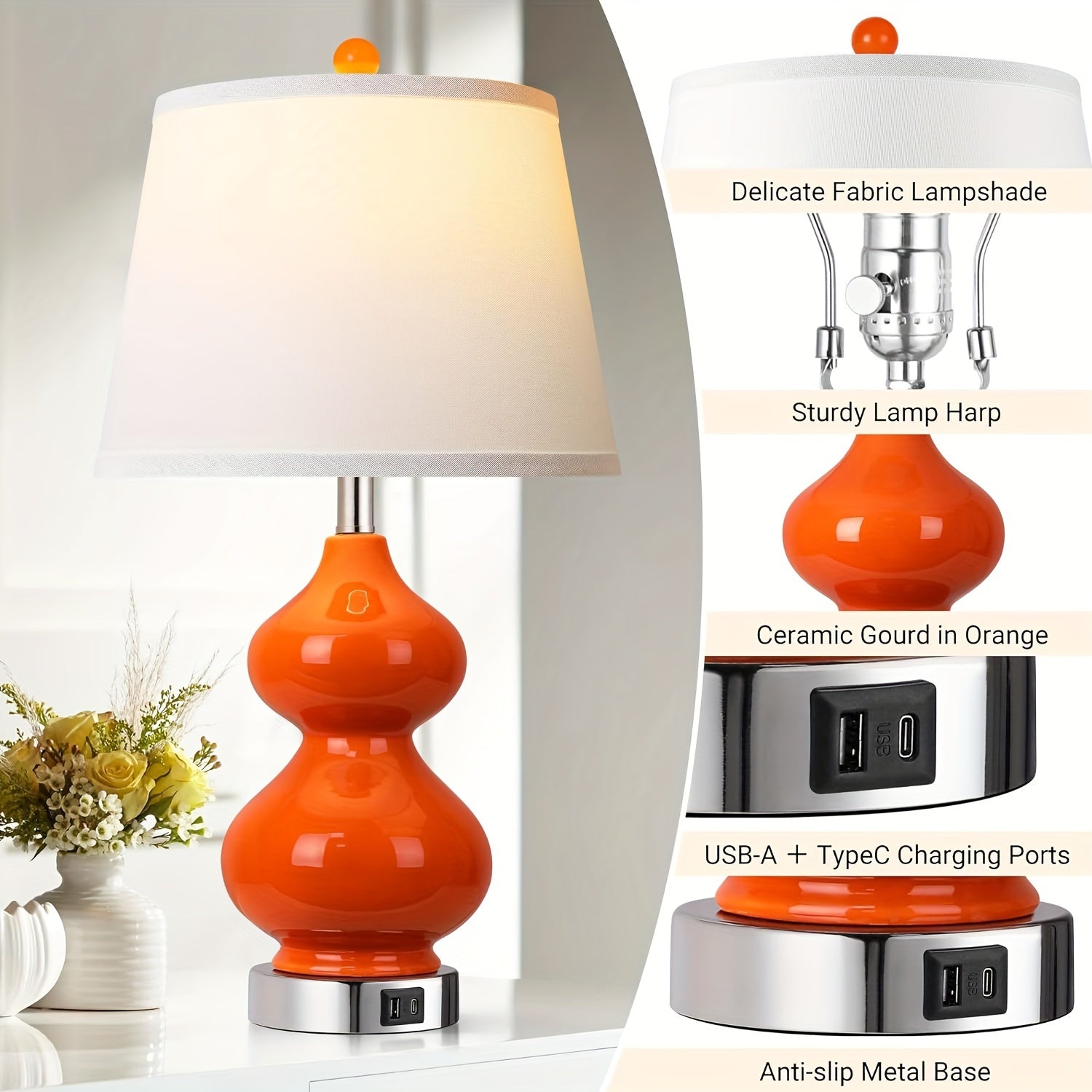 Lámparas de Mesa Modernas Naranja con Puertos USB, Set de 2