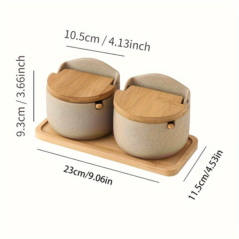 Set de Tarros de Cerámica con Tapa de Bambú para Condimentos