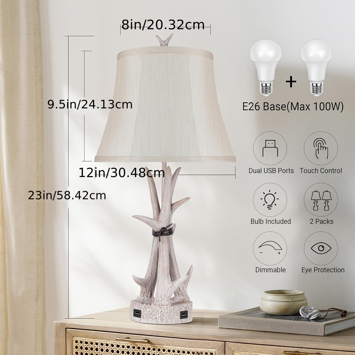 Lámparas de Mesa con Puertos USB, Estilo Rústico (Blanco)