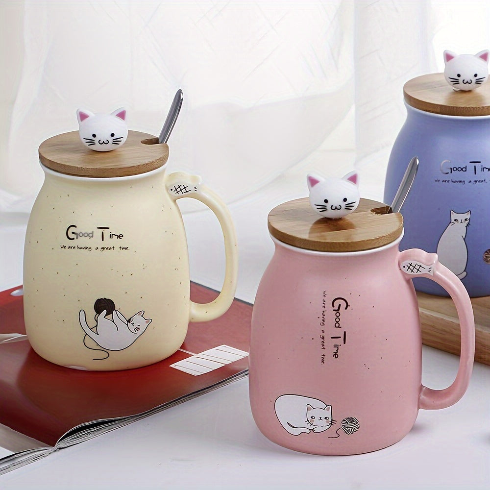 Taza de Cerámica con Tapa y Cuchara, 420ml, Diseño de Gato
