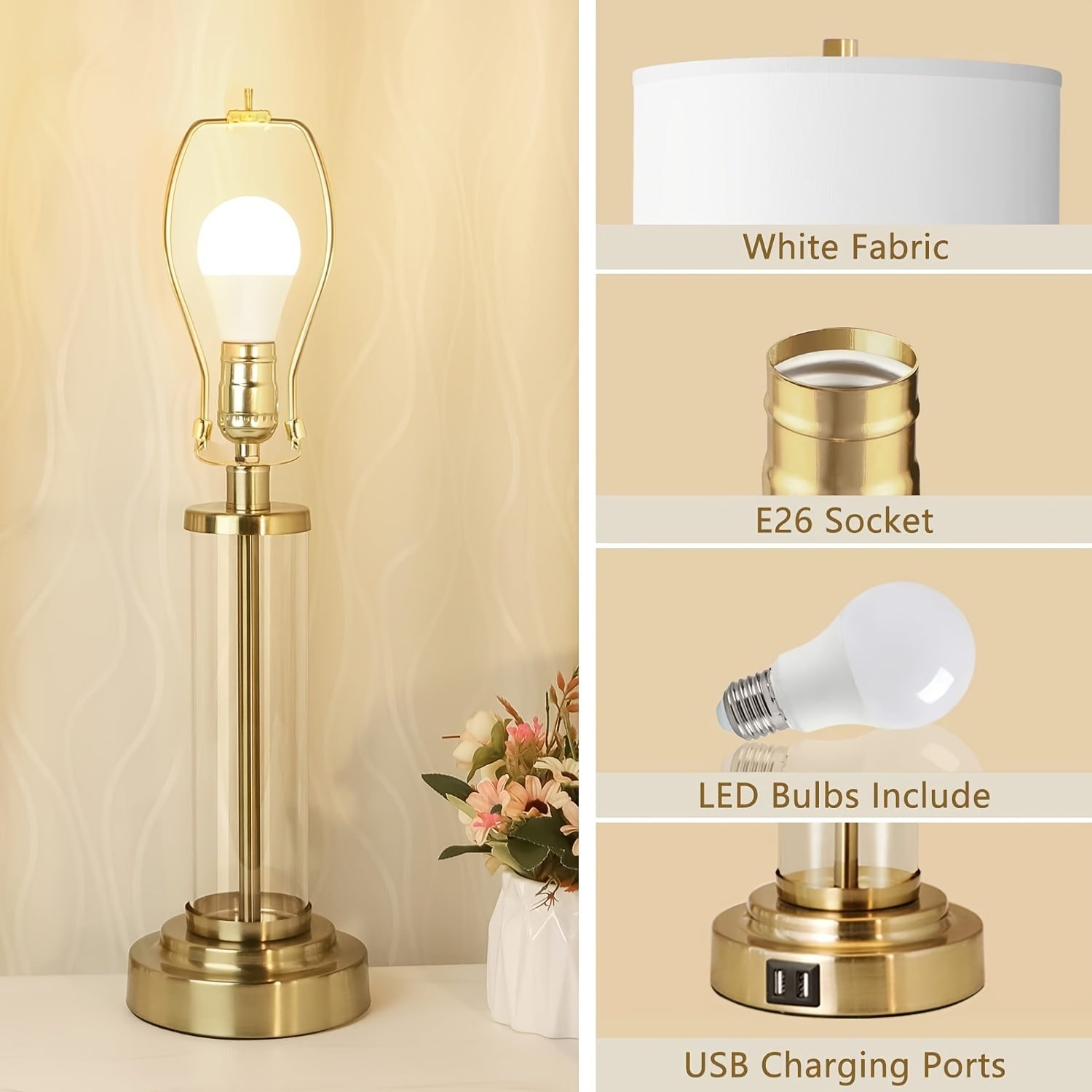 Lámparas de Mesita con Control Táctil y Puertos USB, Set de 2