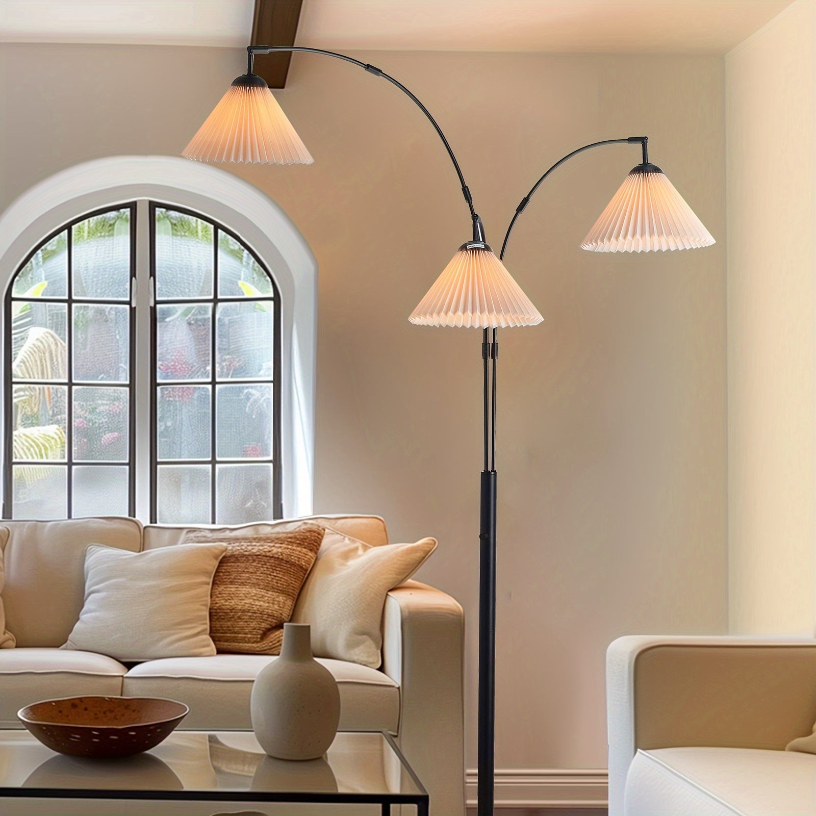 Lámpara de Pie con Arcos Giratorios y Pantallas de Lino