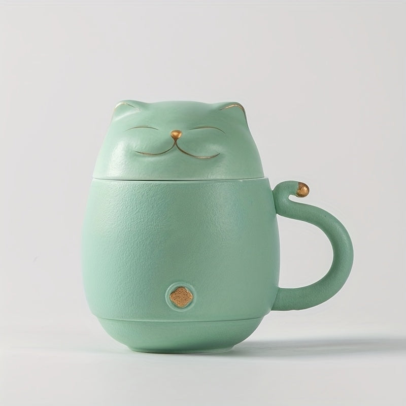 Taza de Té de Cerámica con Infusor y Tapa, Diseño de Gato