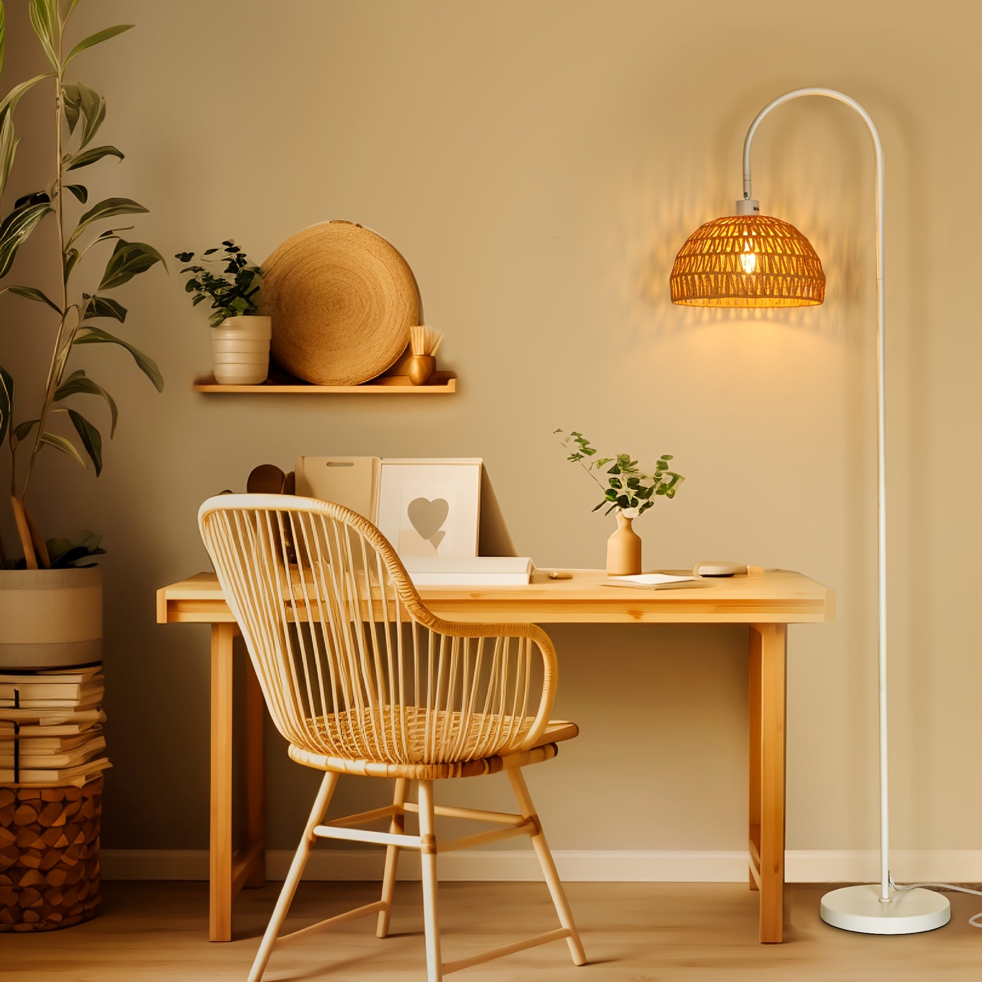 Lámpara de Pie Boho con Pantalla de Ratán Natural