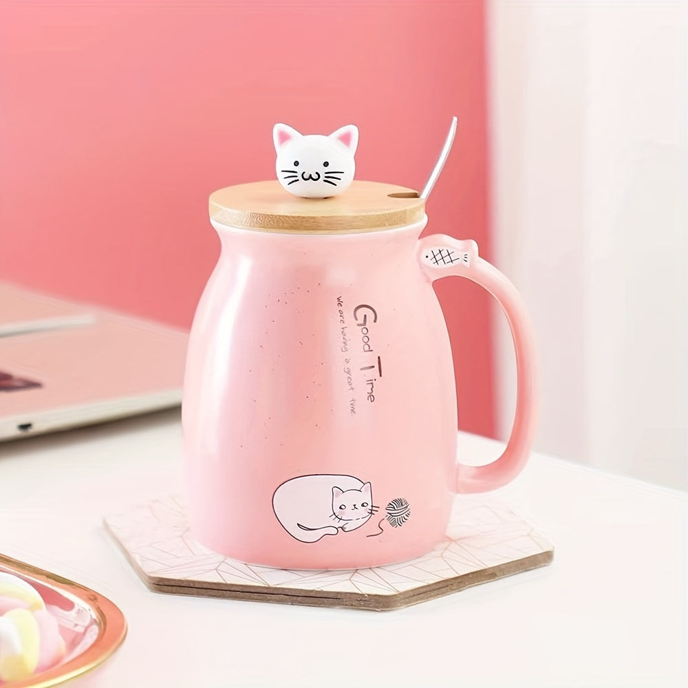 Taza de Cerámica con Tapa y Cuchara, 420ml, Diseño de Gato
