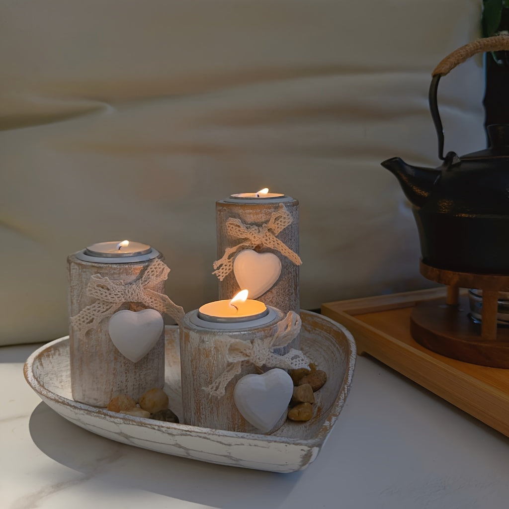 Set de Portavelas de Madera Blanca, Decoración Elegante para el Hogar