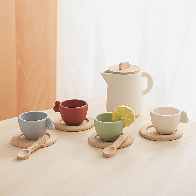 Set de Té de Silicona para Niños 3+ con Tetera y Tazas de Madera