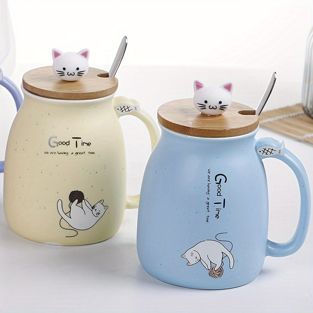 Taza de Cerámica con Tapa y Cuchara, 420ml, Diseño de Gato