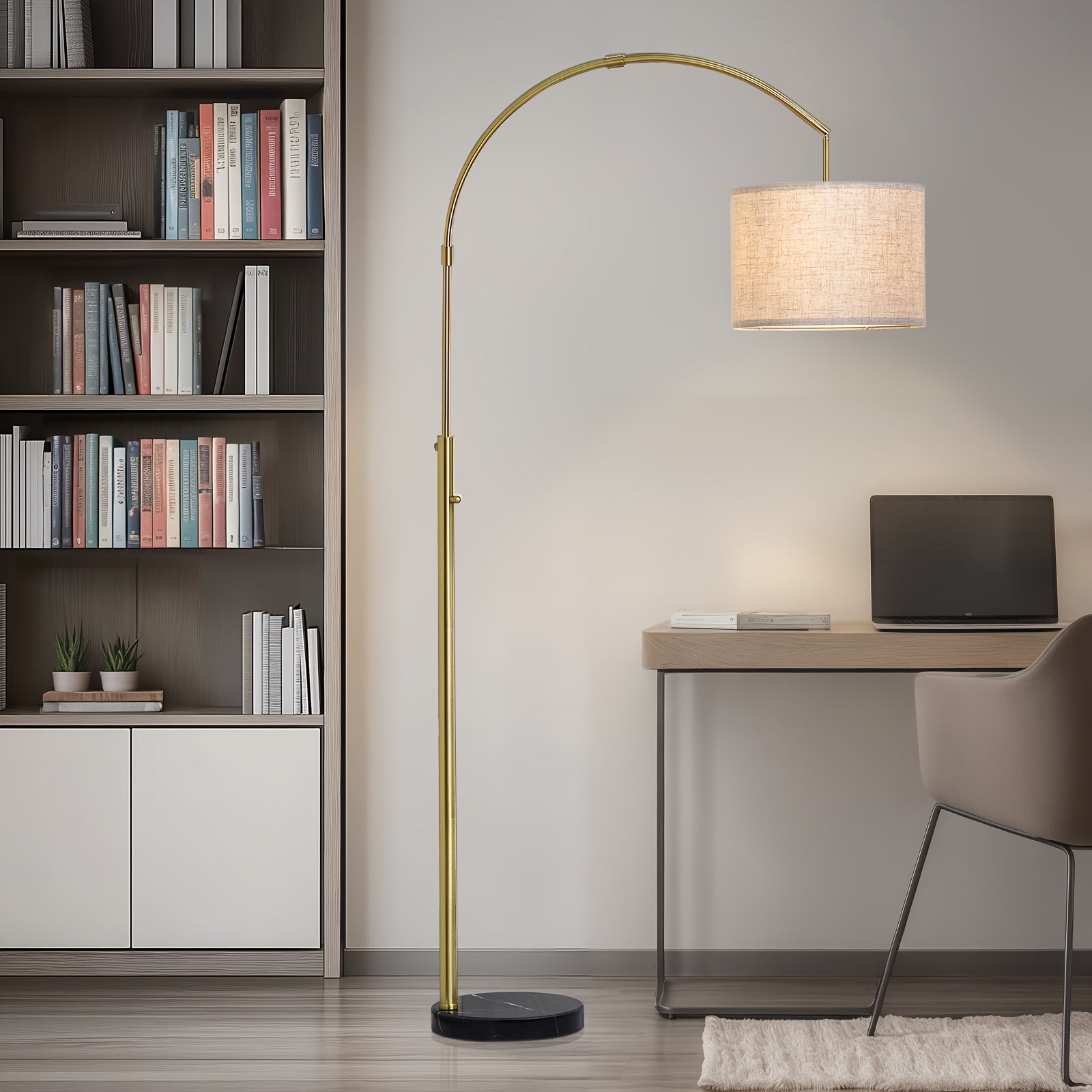 Lámpara de Pie con Arcos Giratorios y Pantallas de Lino