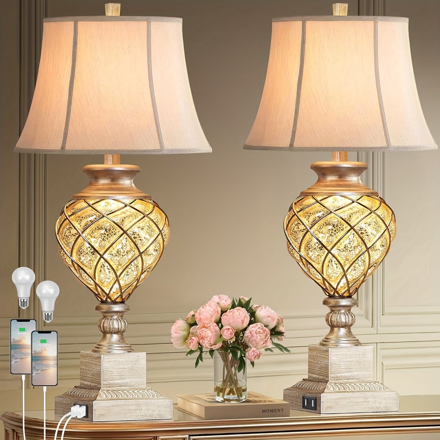 Set de 2 Pantallas de Mesa Estilo Rústico Francés, Vidrio Plateado