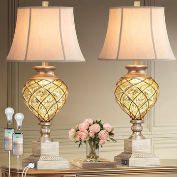 Set de 2 Pantallas de Mesa Estilo Rústico Francés, Vidrio Plateado