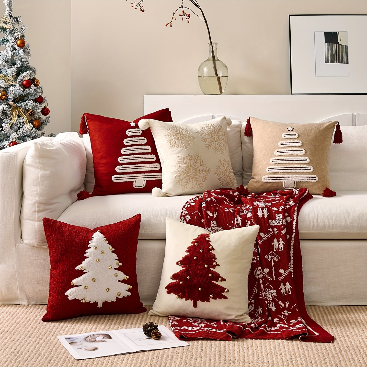 Funda de Cojín Bordada con Árbol de Navidad, 45x45 cm, Poliéster Suave