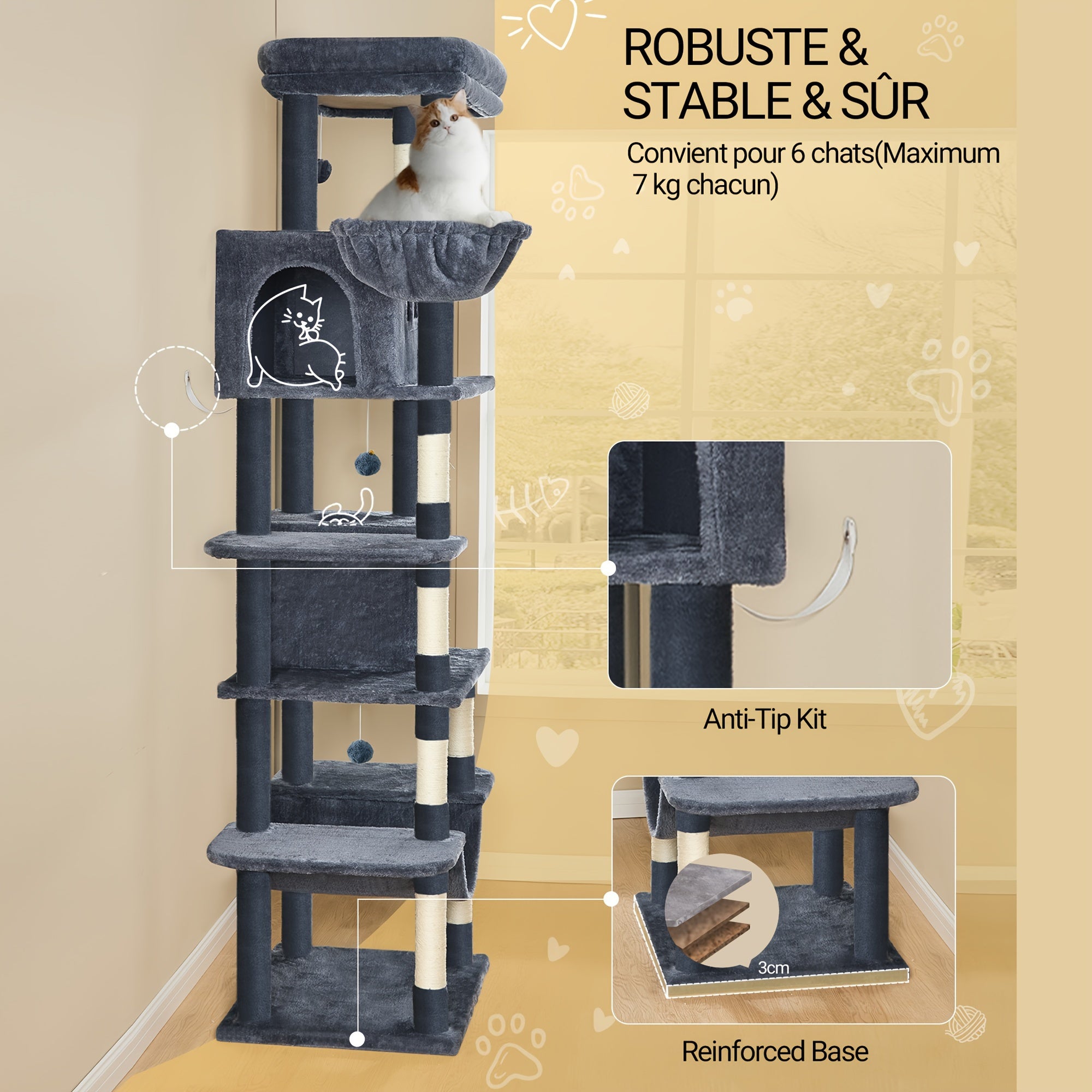 Árbol para Gatos de 210 cm con Cuevas y Hamaca - Color Gris Claro