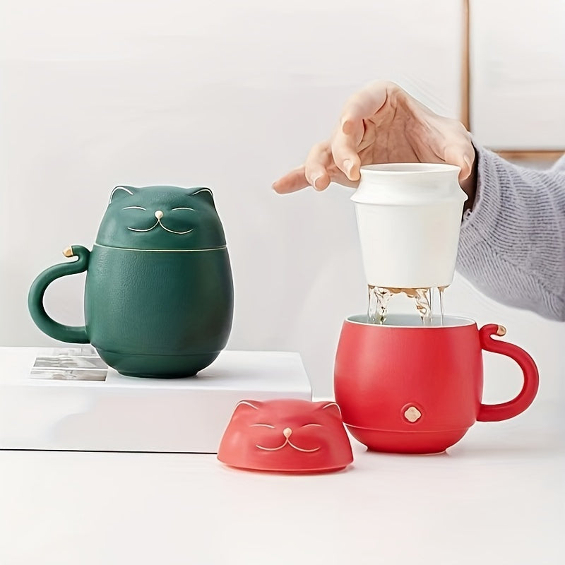 Taza de Té de Cerámica con Infusor y Tapa, Diseño de Gato
