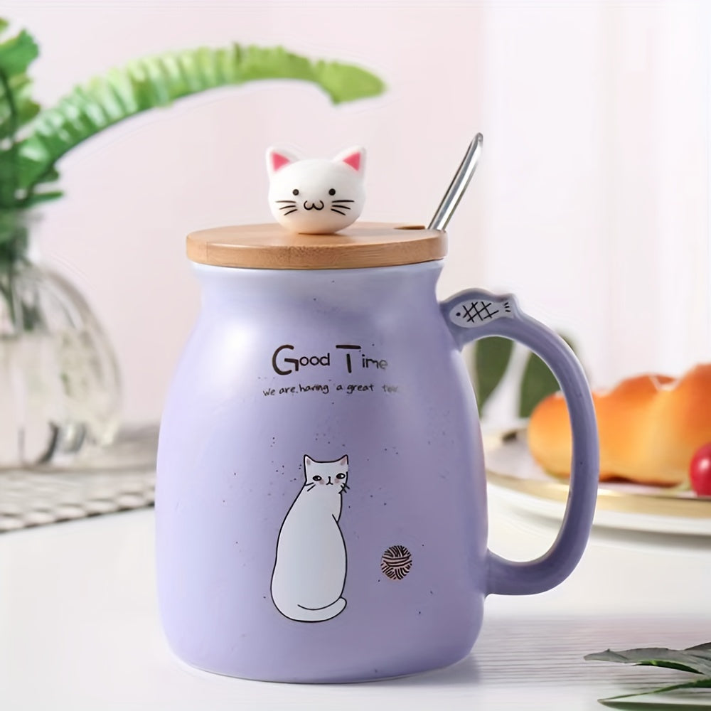 Taza de Cerámica con Tapa y Cuchara, 420ml, Diseño de Gato