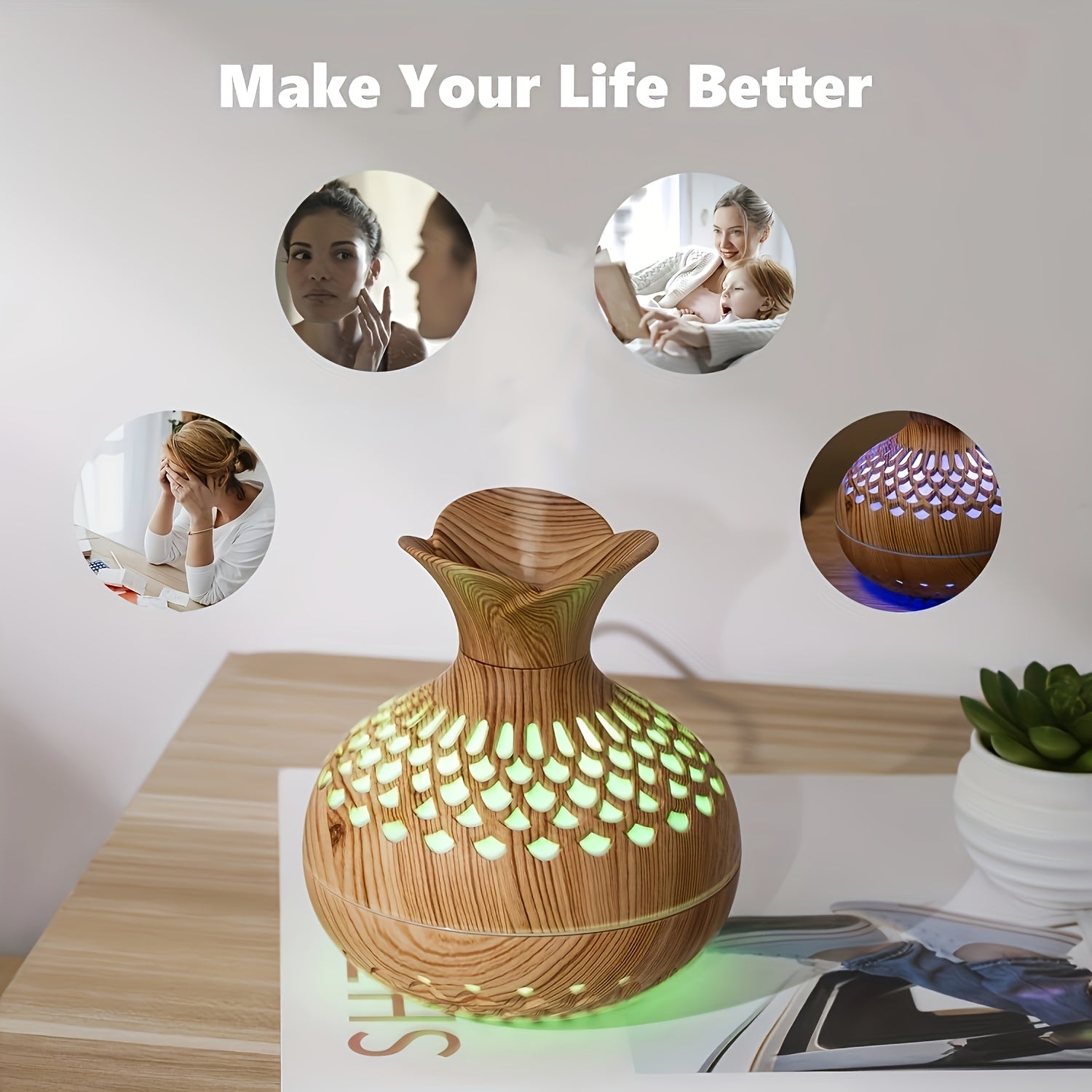 Humidificador Aromático Decorativo de Madera para Hogar y Oficina