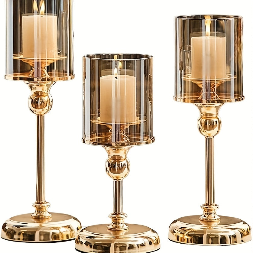 Set de 3 Elegantes Portavelas de Metal y Cristal - Decoración Romántica