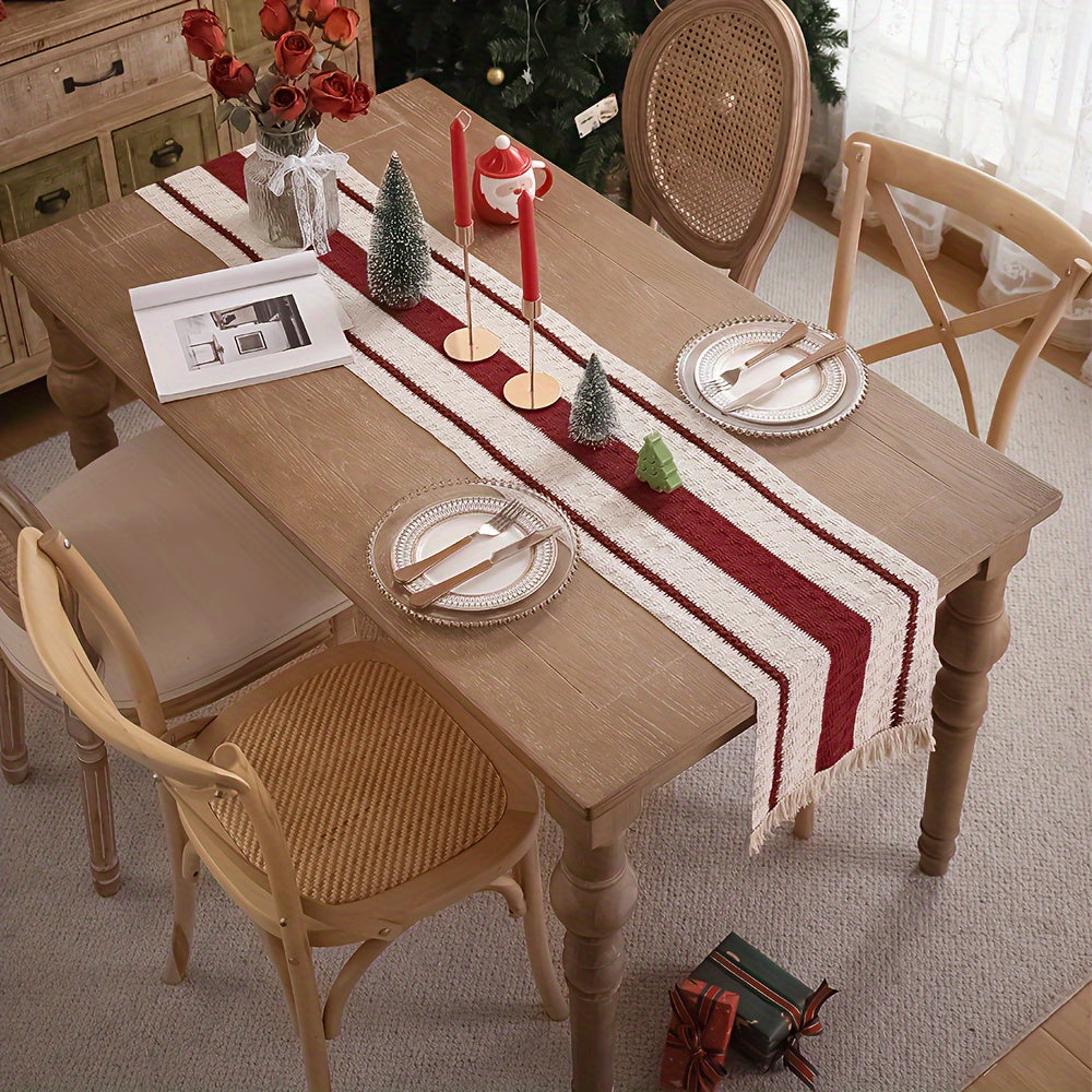 Camino de Mesa Rústico de Algodón-Lino con Borlas, Rojo Oscuro