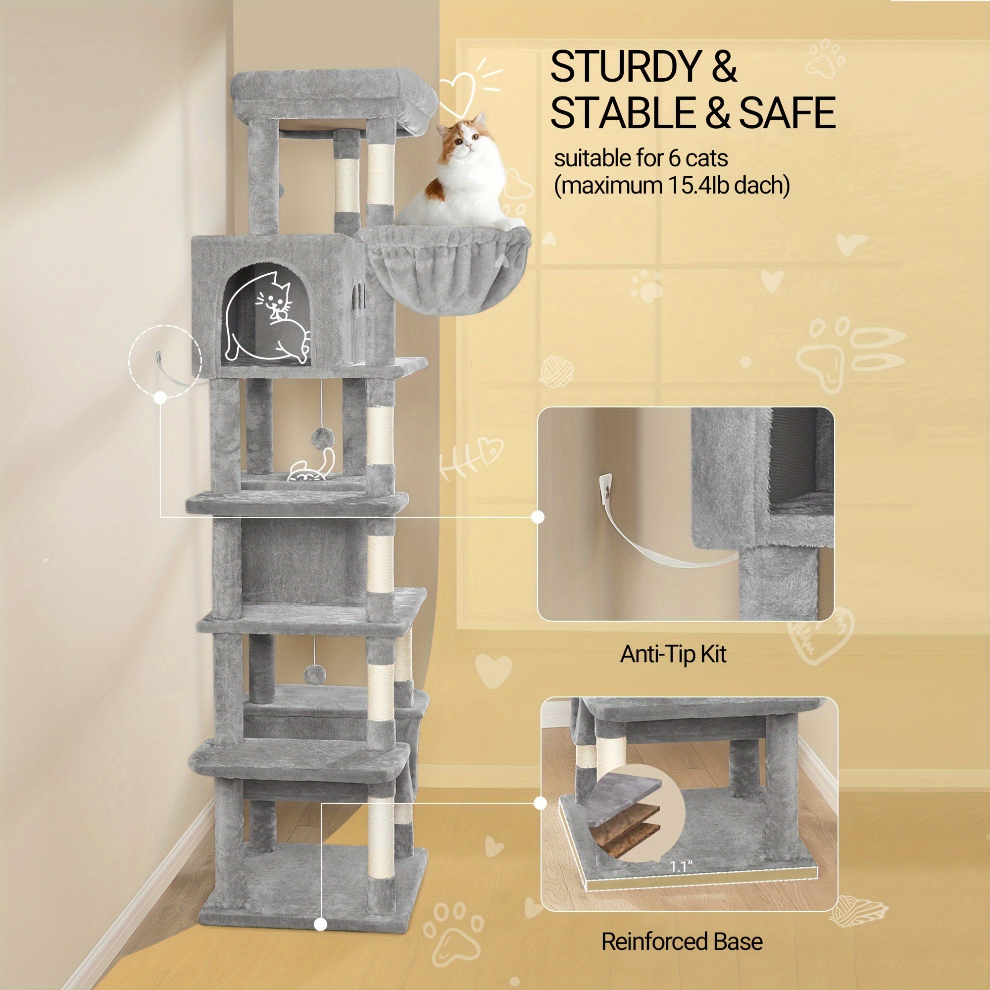 Árbol para Gatos de 210 cm con Cuevas y Hamaca - Color Gris Claro