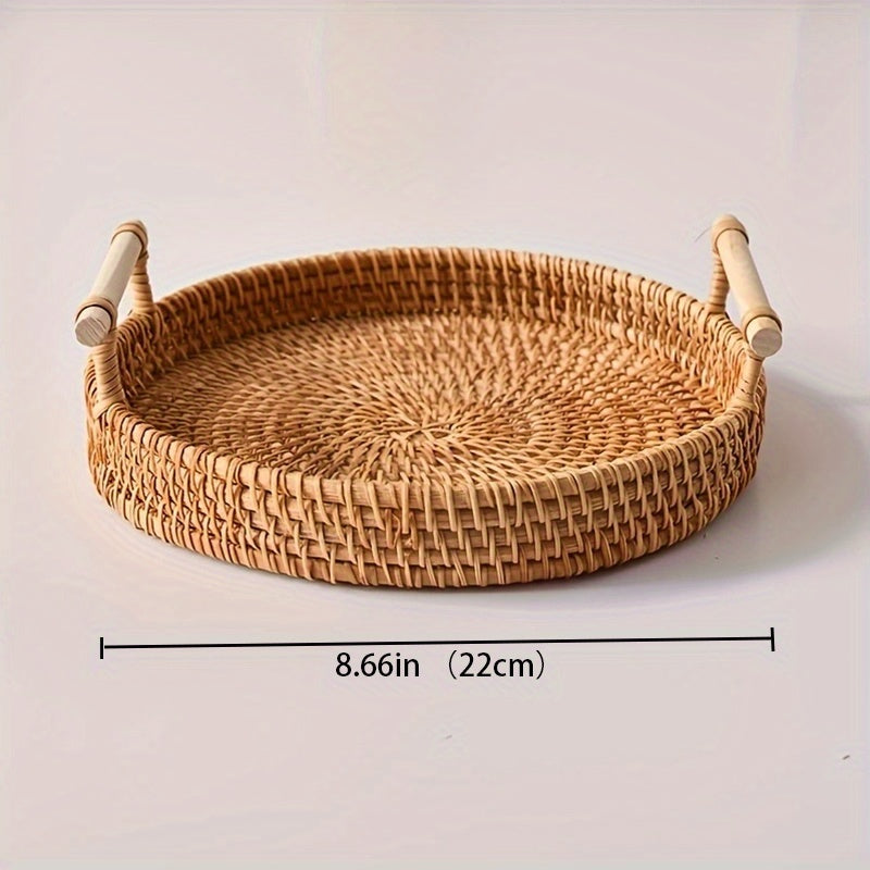 Bandeja Redonda de Ratán Tejida a Mano para Almacenaje y Decoración