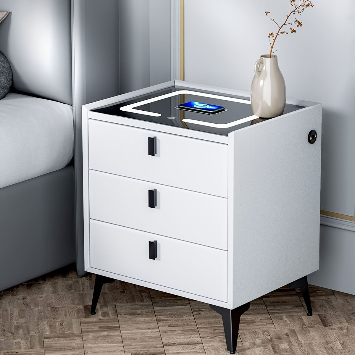 Mesita de Noche Inteligente con Carga Inalámbrica y Luz Regulable
