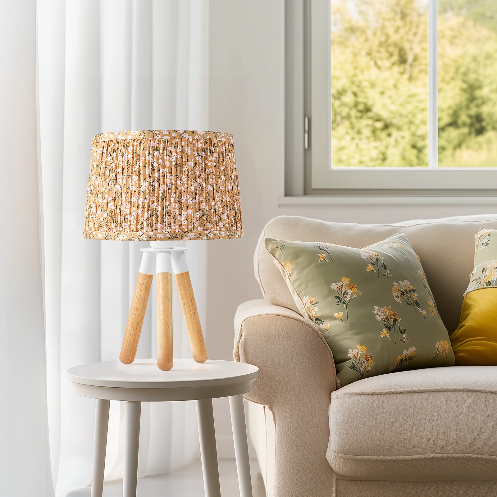 Lámpara de Mesa Trípode de Madera con Pantalla Floral Verde, 14 Pulgadas