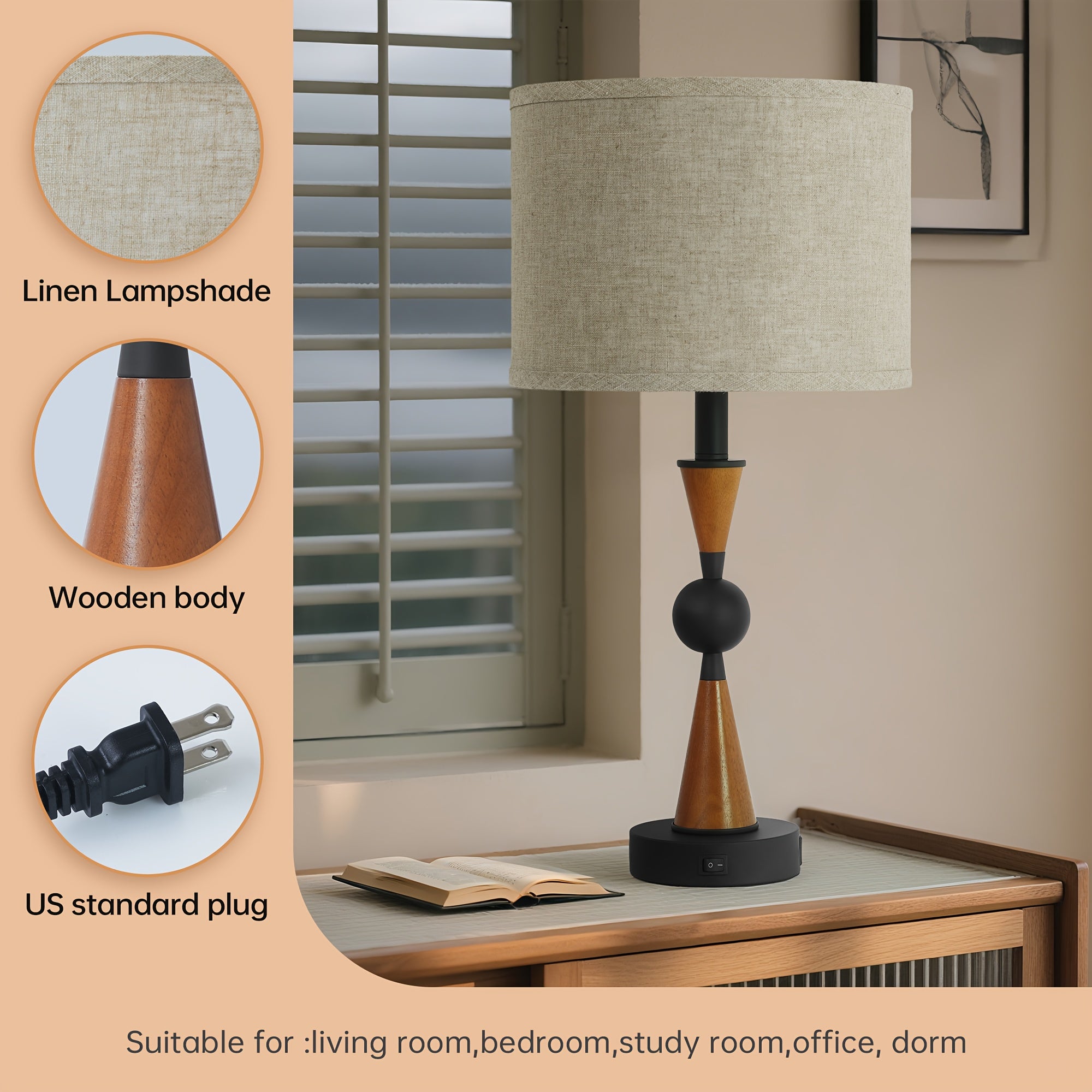 Lámpara de Mesa Doble USB-C y USB-A con Pantalla de Lino