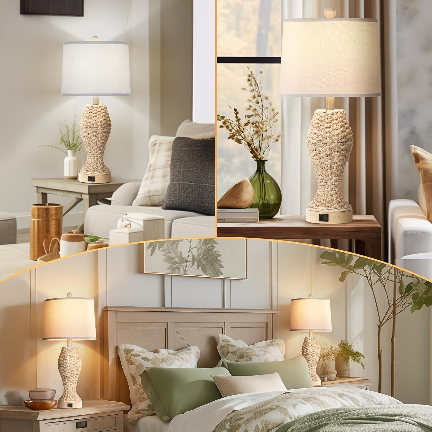 Lámparas de Mesa de Ratán para Dormitorio con USB, Set de 2