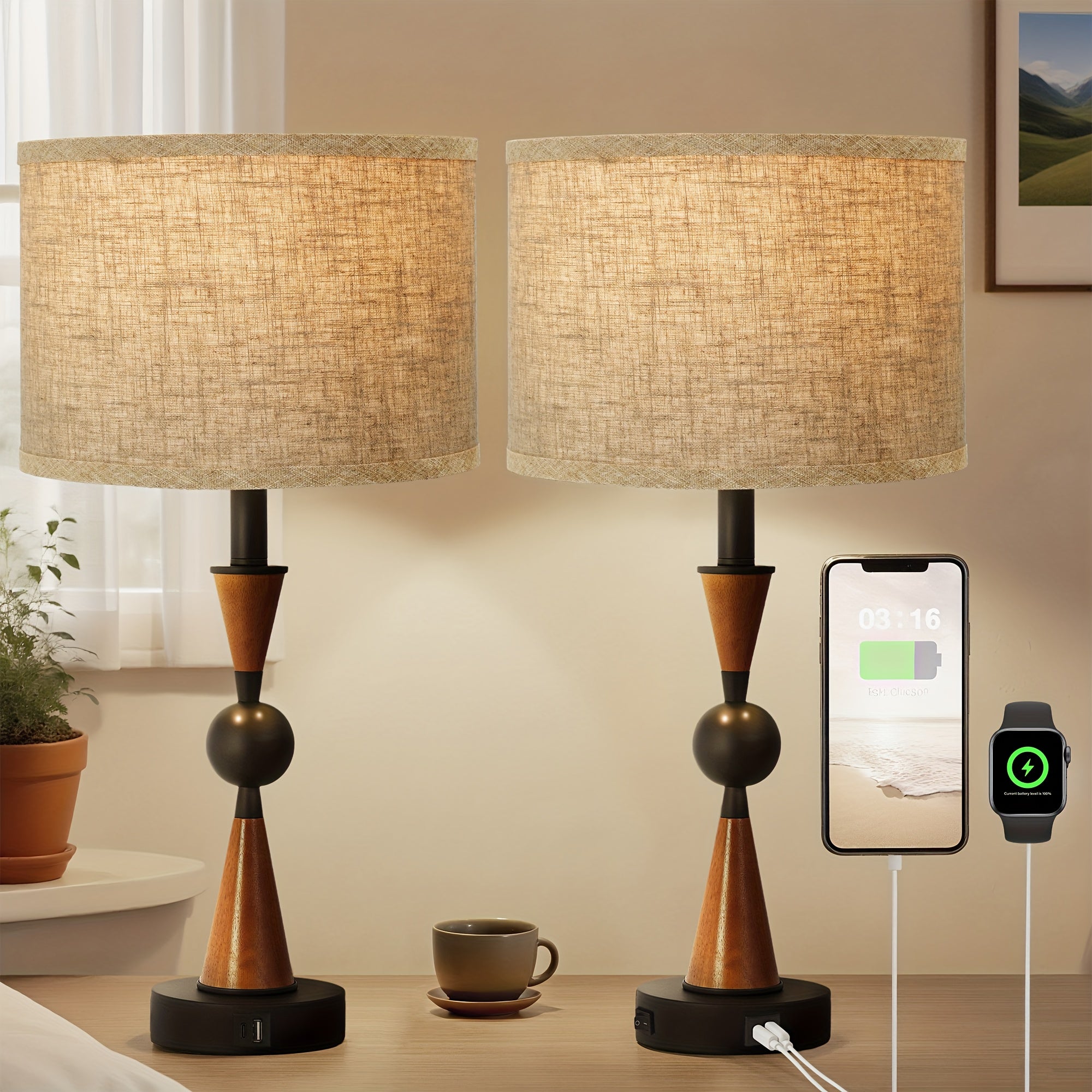 Lámpara de Mesa Doble USB-C y USB-A con Pantalla de Lino