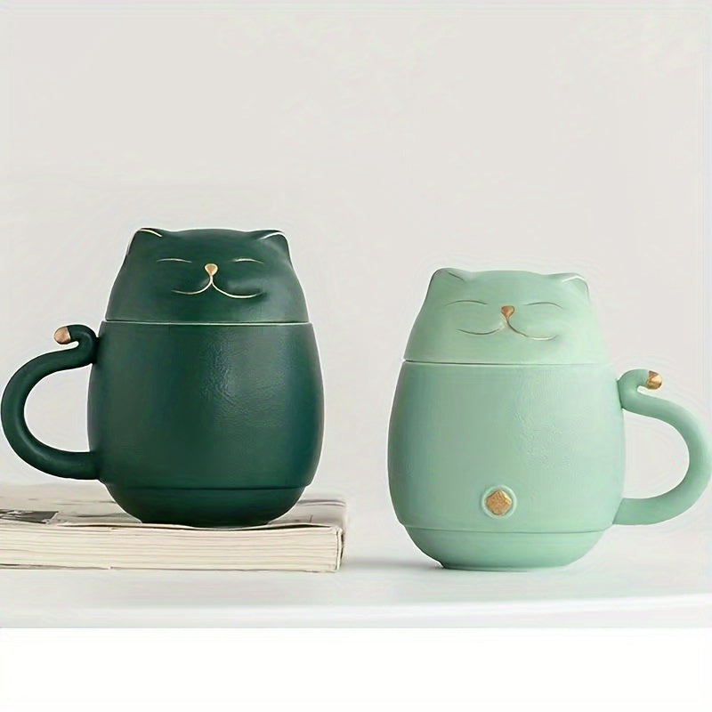 Taza de Té de Cerámica con Infusor y Tapa, Diseño de Gato
