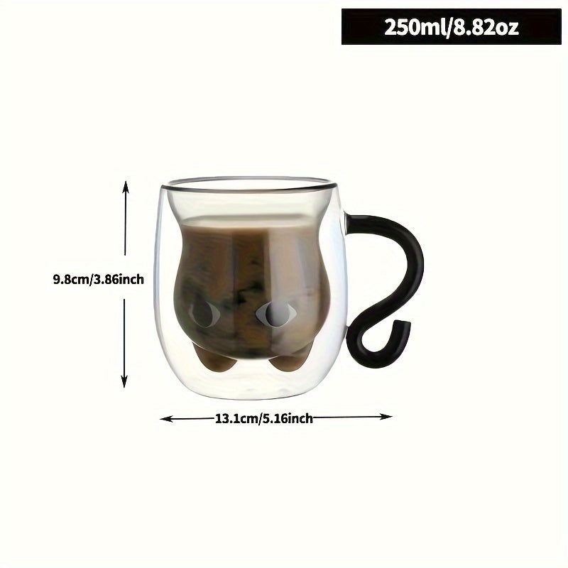 Taza de Cristal Doble Pared con Diseño de Gato, 250ml