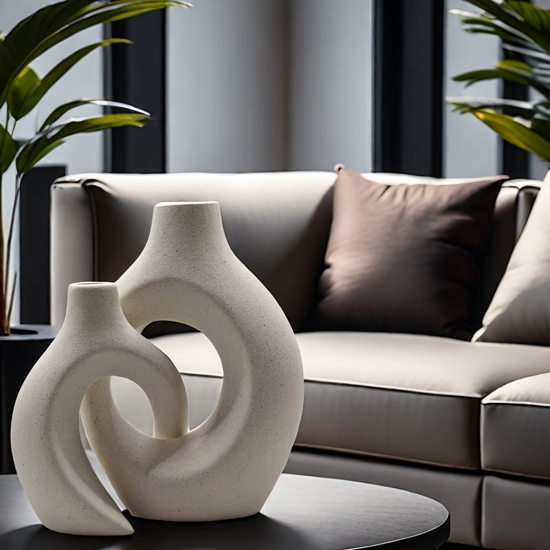 Jarrón Cerámico Rústico con Diseño Abstracto, Blanco y Gris