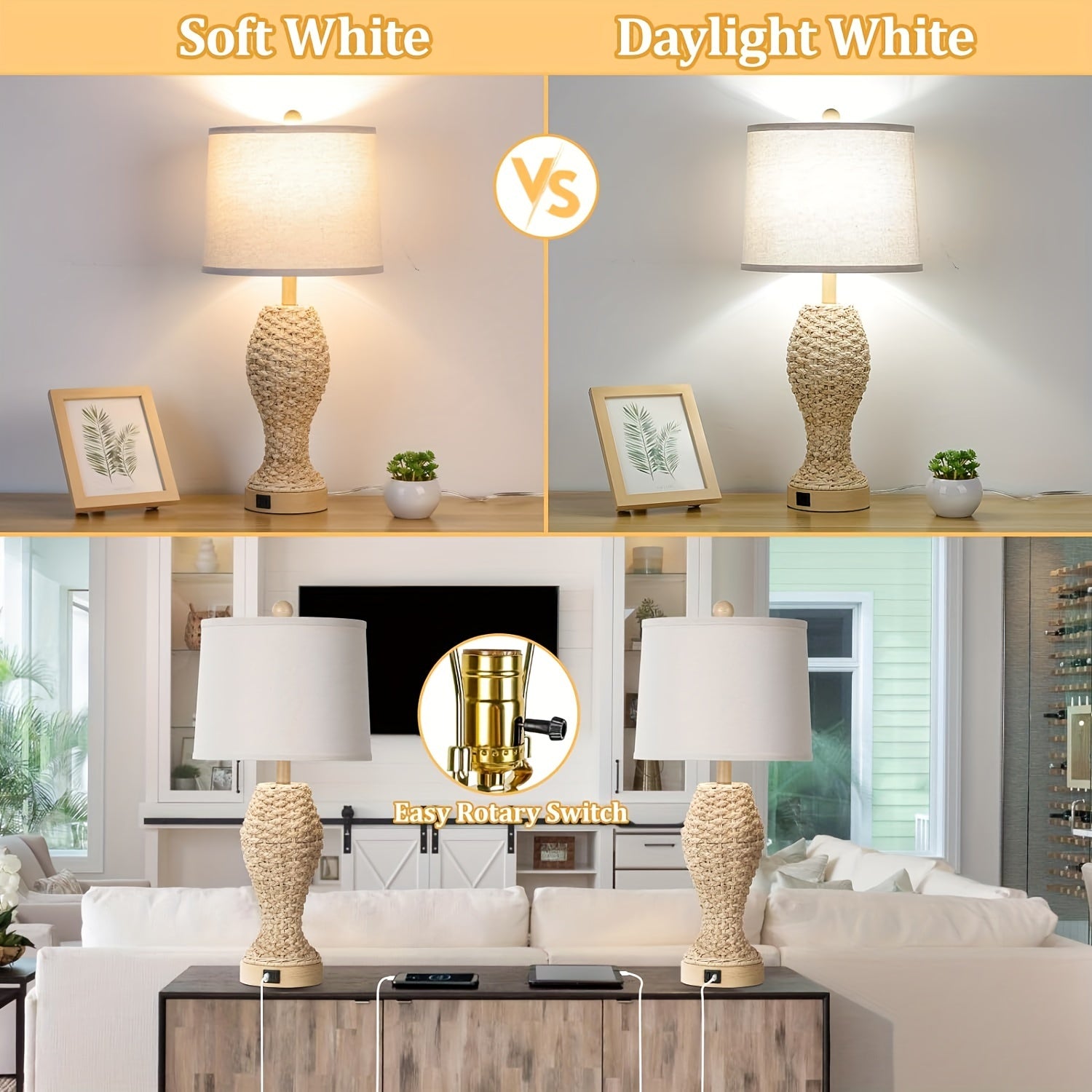 Lámparas de Mesa de Ratán para Dormitorio con USB, Set de 2