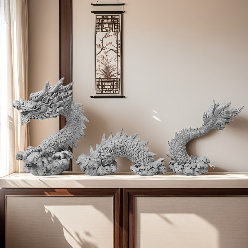 Set de 3 Dragones de Piedra Tallada para Decoración de Hogar y Oficina