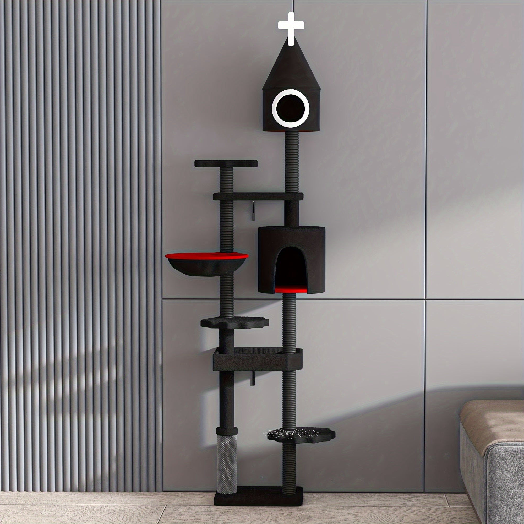Árbol Rascador Gótico Grande para Gatos, 2 Niveles, Negro