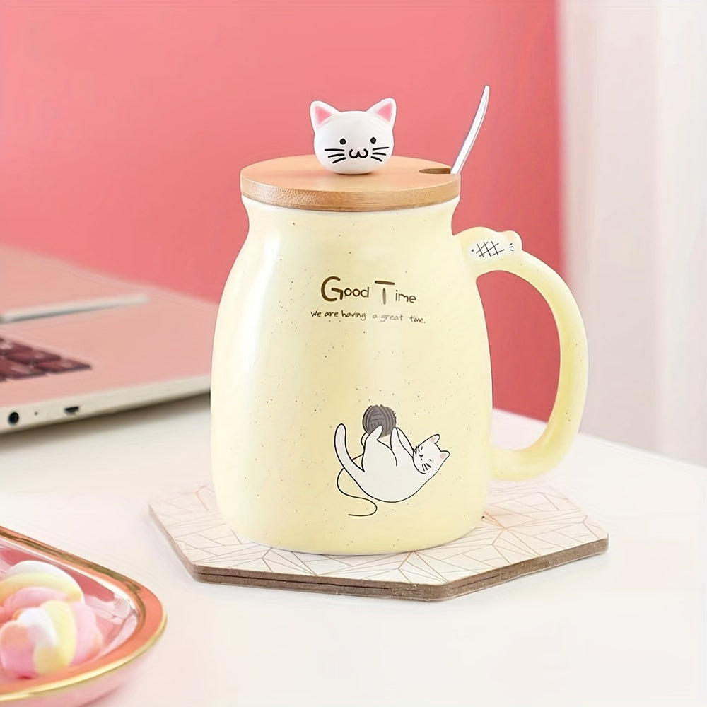Taza de Cerámica con Tapa y Cuchara, 420ml, Diseño de Gato