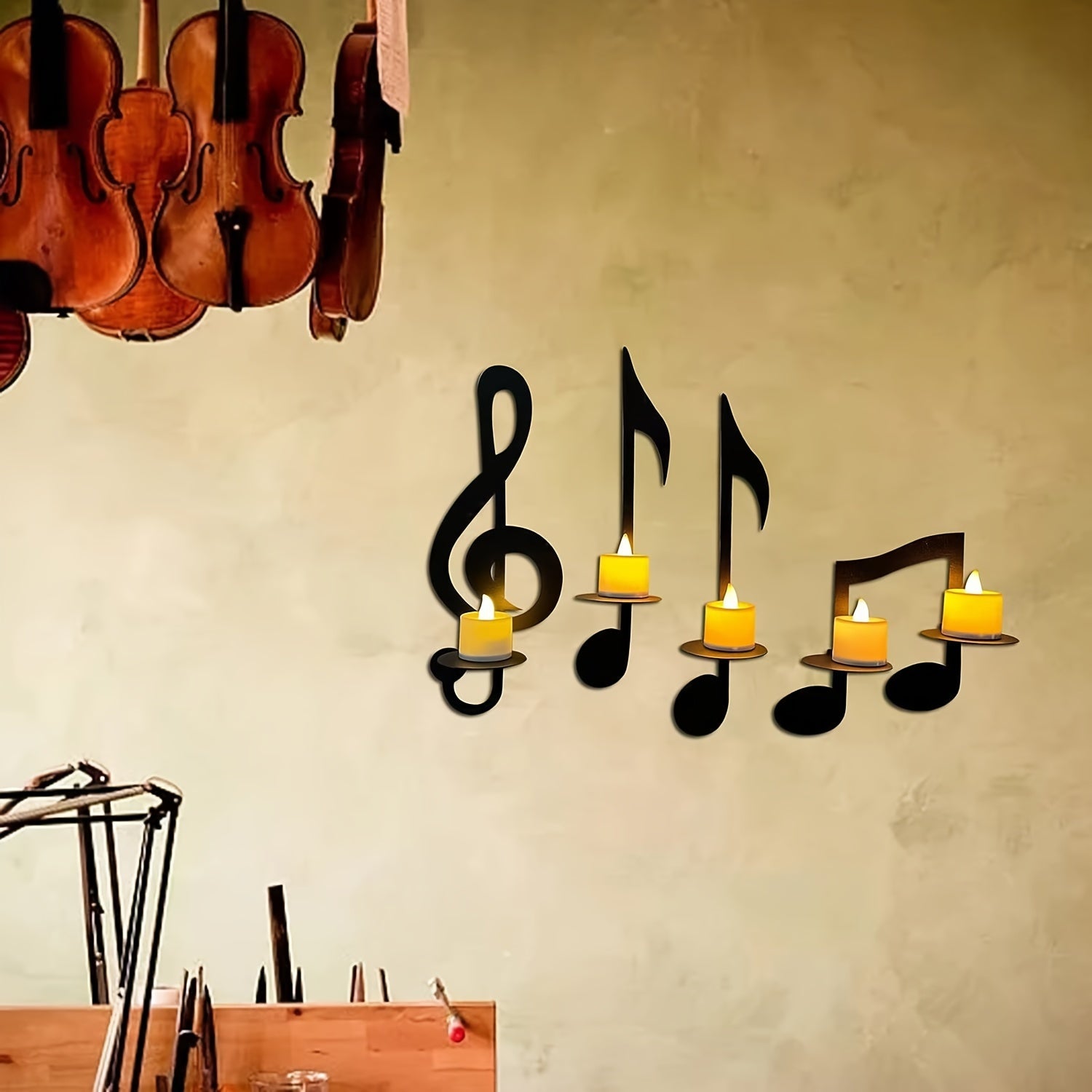 Set de 4 Portavelas de Pared Notas Musicales para Decoración