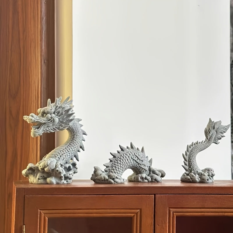 Set de 3 Dragones de Piedra Tallada para Decoración de Hogar y Oficina