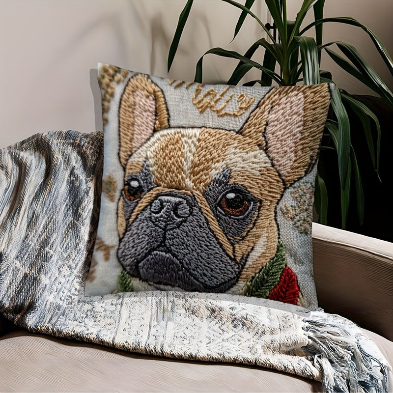 Funda de Cojín Bordado Bulldog Francés, 18x18 Pulgadas