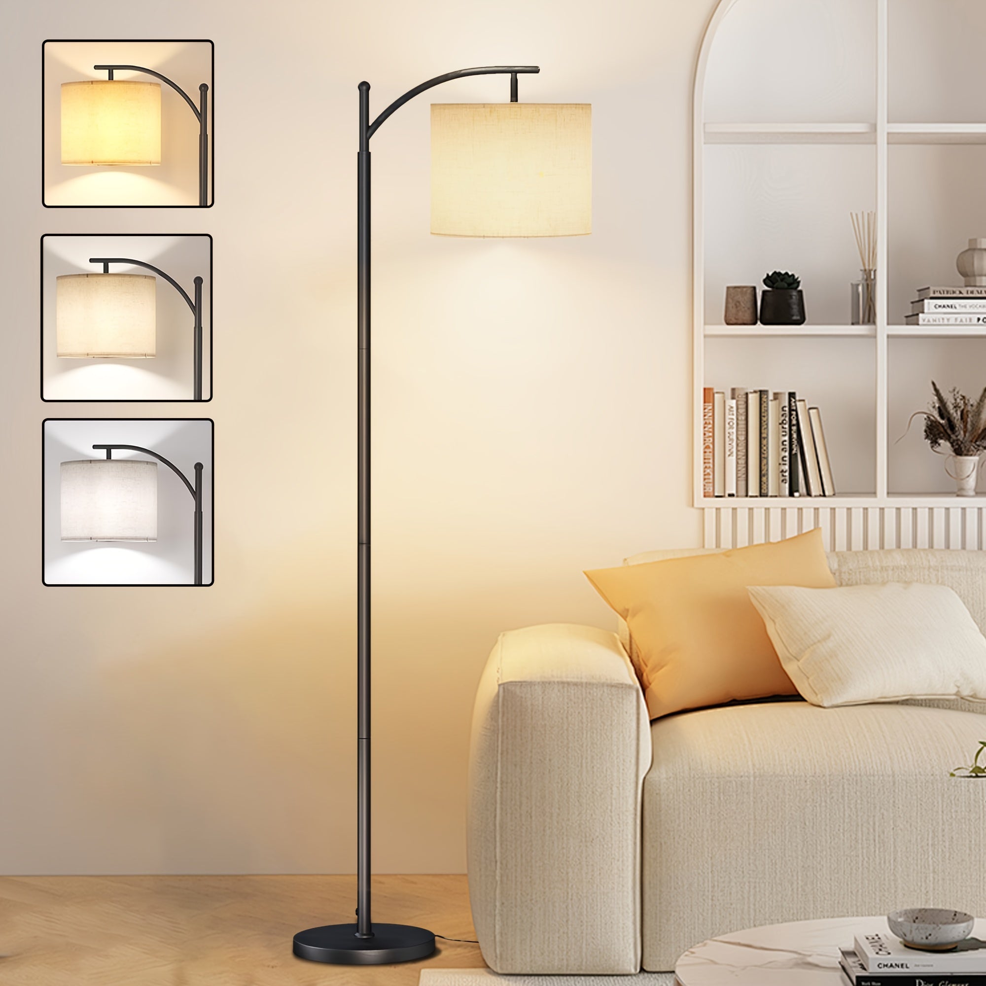 Lámpara de Pie LED con Pantalla Beige para Salón y Dormitorio - Negro