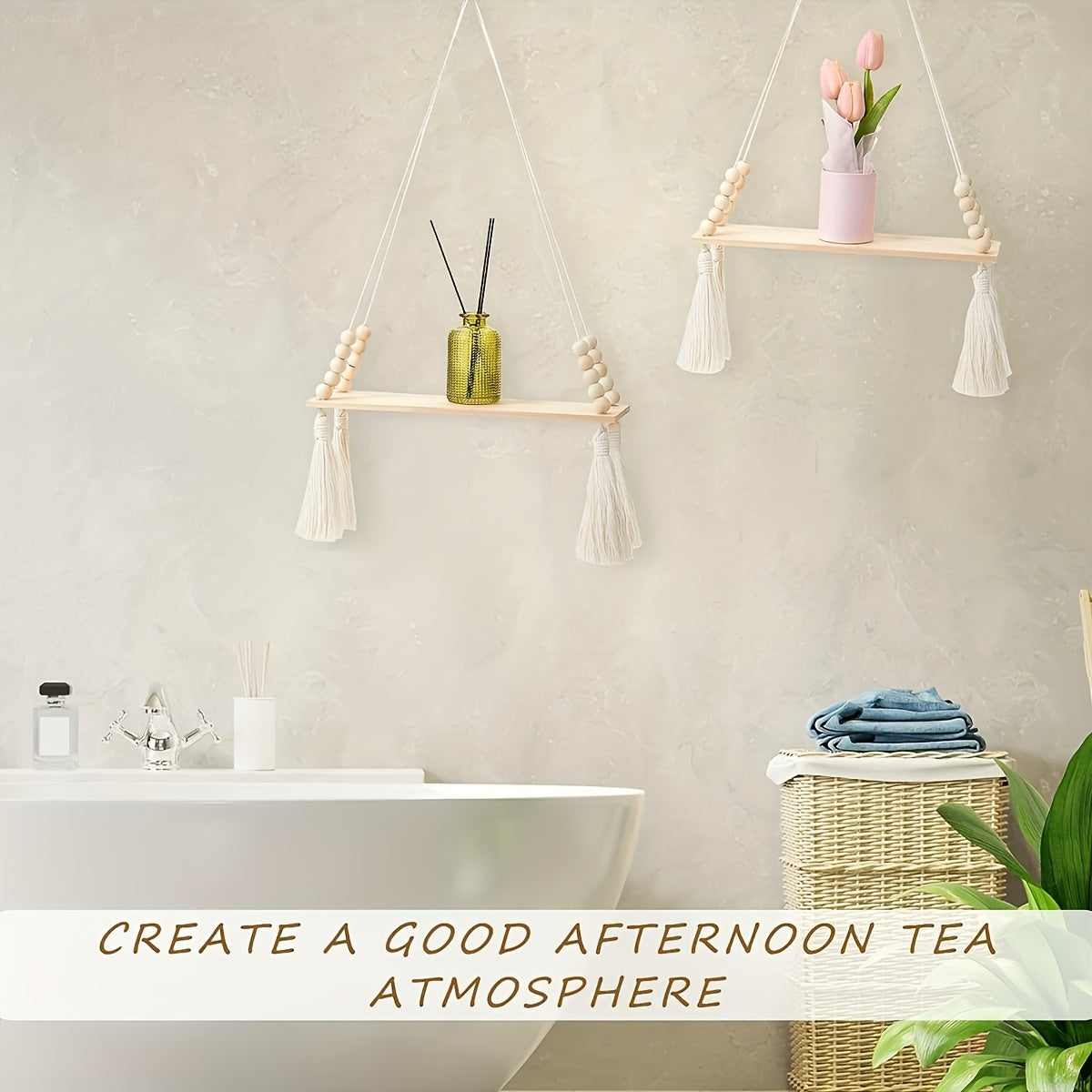 Estantería Colgante Boho de Madera con Macramé y Flecos