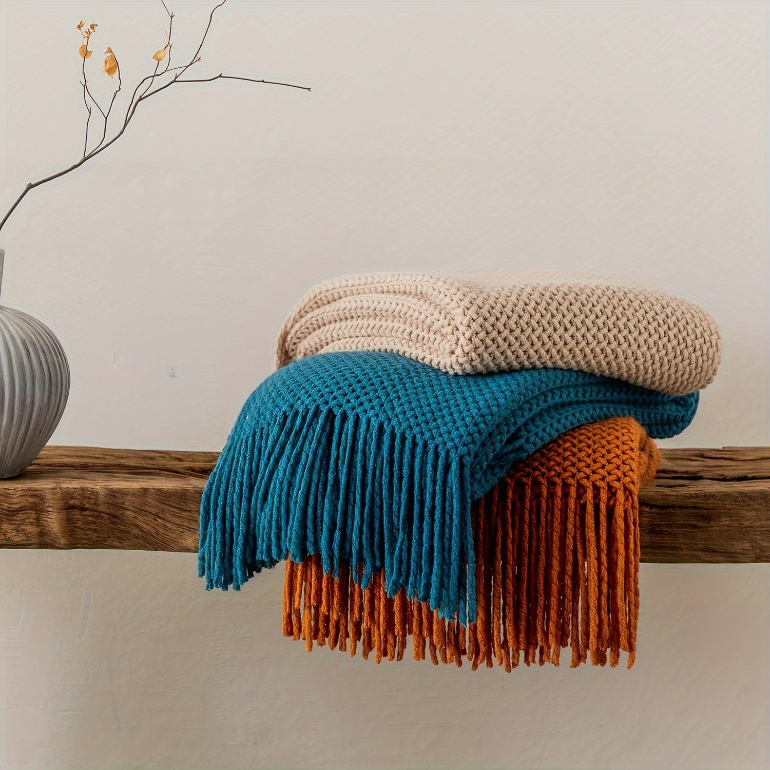 Manta de Punto con Flecos 50x69 Pulgadas, Suave y Ligera