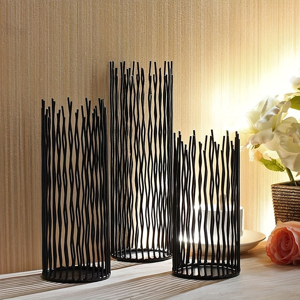 Set de 3 Portavelas de Metal Negro para Decoración de Mesa